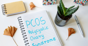 PCOS Polycystic ovary syndrome written in a notebook on white table
